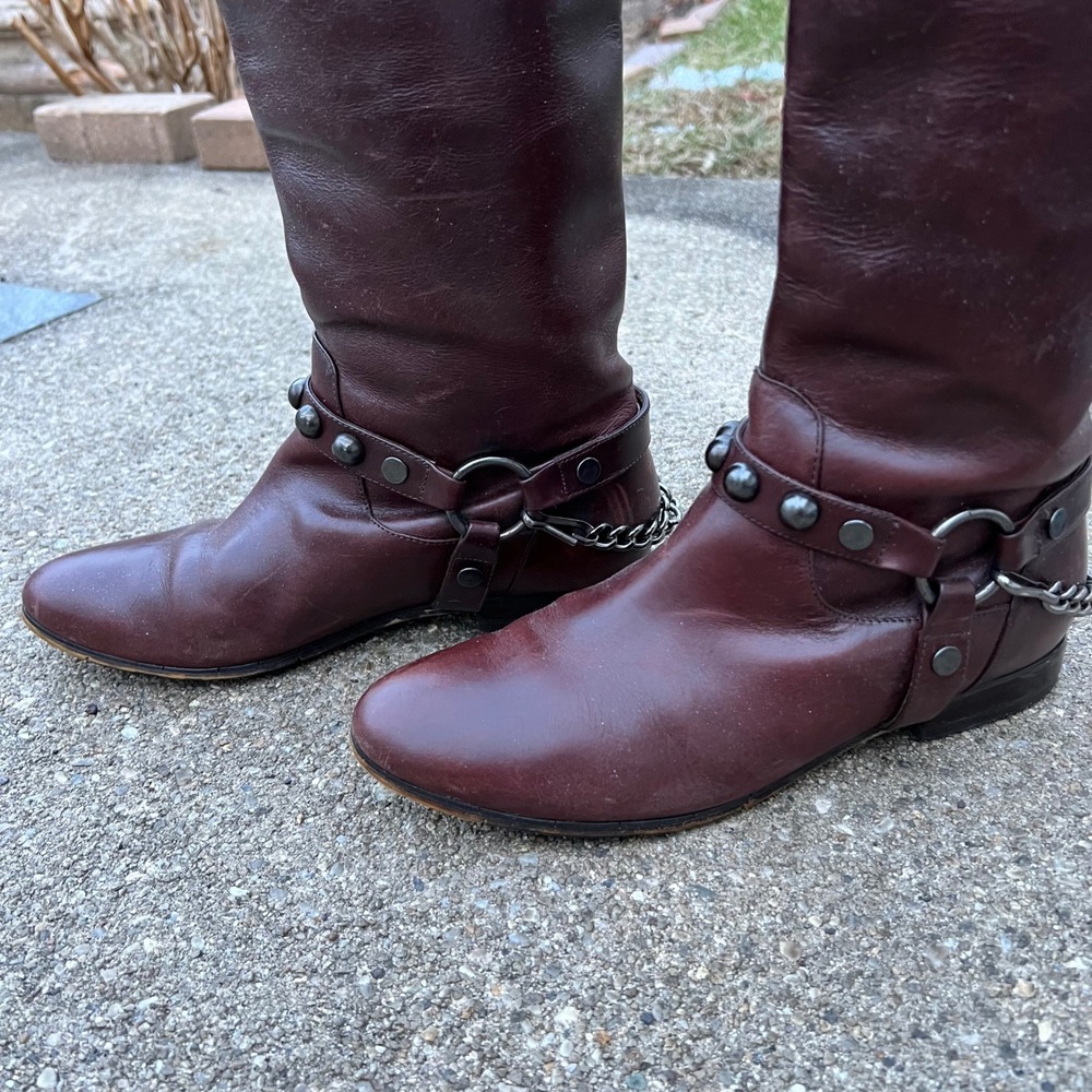 Brown Leather Tall Riding Boots Equestrian Style Size 7.5 Buckle Chain Old Money - Picture 14 of 17